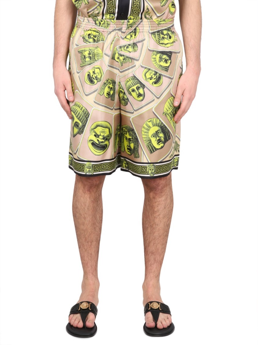 Versace Twill Silk Shorts Masks Print Detail In Green