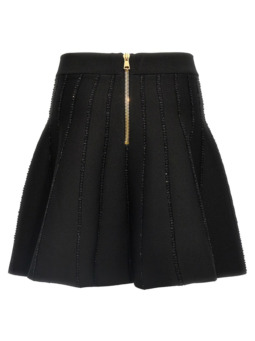 Balmain Flared Knitted Skirt With Sequin Detail And Trompe-l'œil Pockets In Black