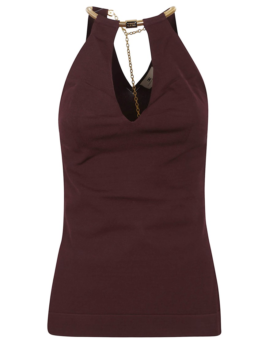 Elisabetta Franchi Fitted Knit Top With Deep Halterneck And Removable Snakeskin Necklace In Pink