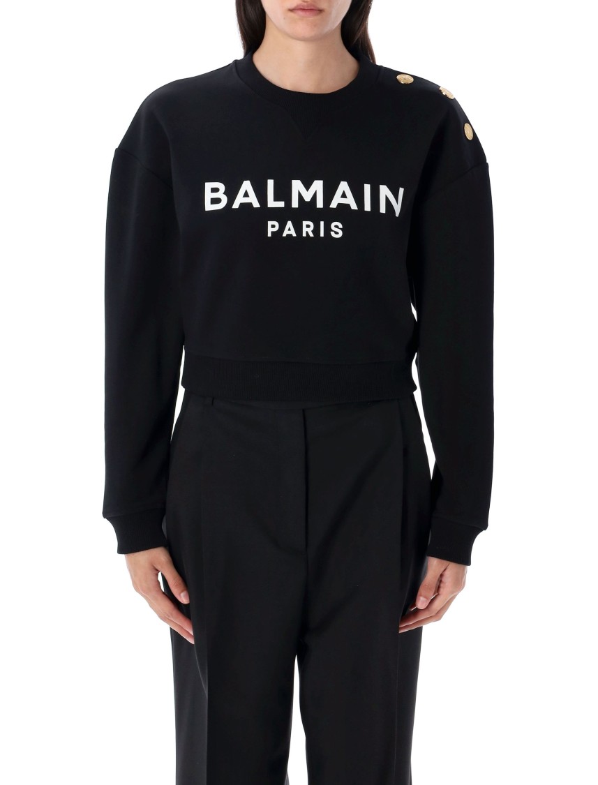 Balmain 3-button Logo-print Crop Sweatshirt In Black