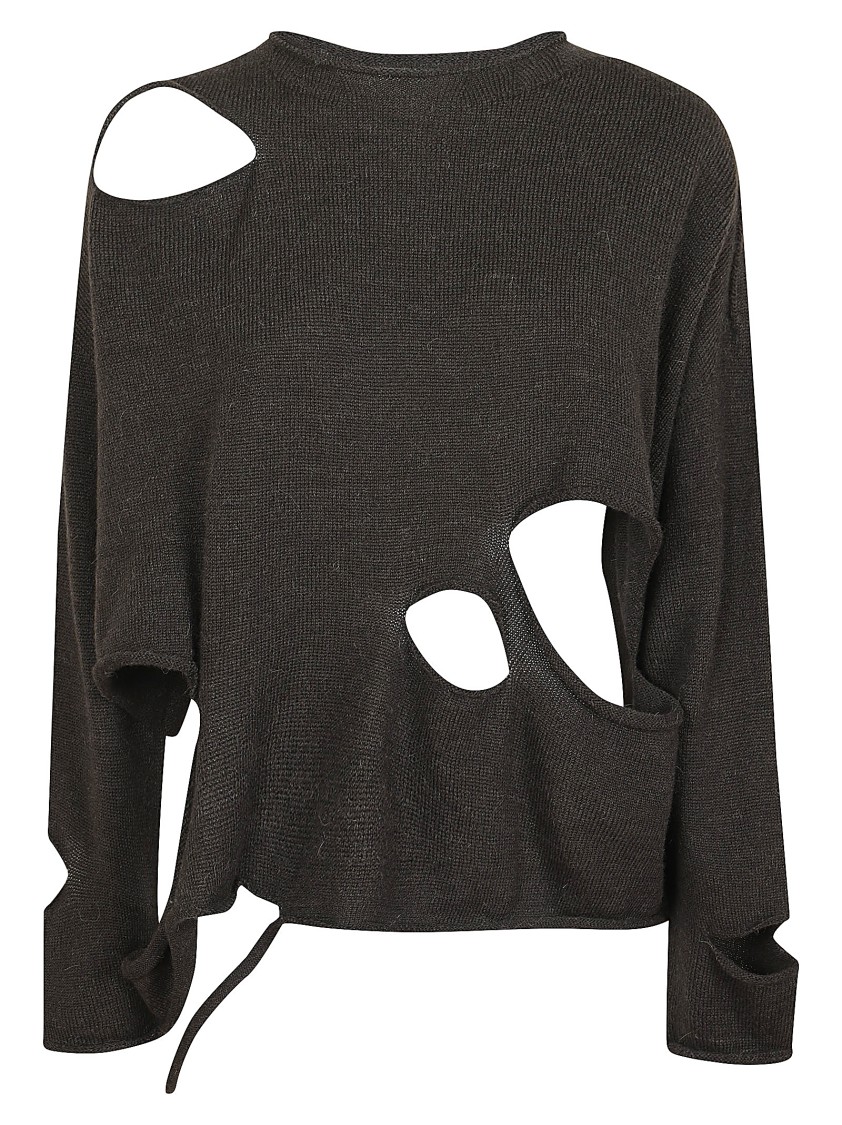 Yohji Yamamoto Round Neck Sweater With Strategic Cutouts In Brown