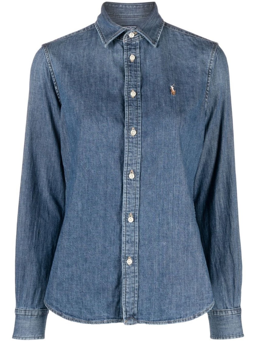 Polo Ralph Lauren Blue Shirt With Classic Collar And Pony Embroidery On The Front In Denim Woman In Blue