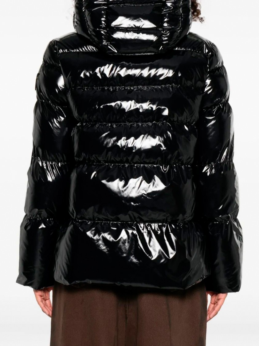 Pinko Oversized Black Puffy Coat With Glossy Finish And Hood In Black