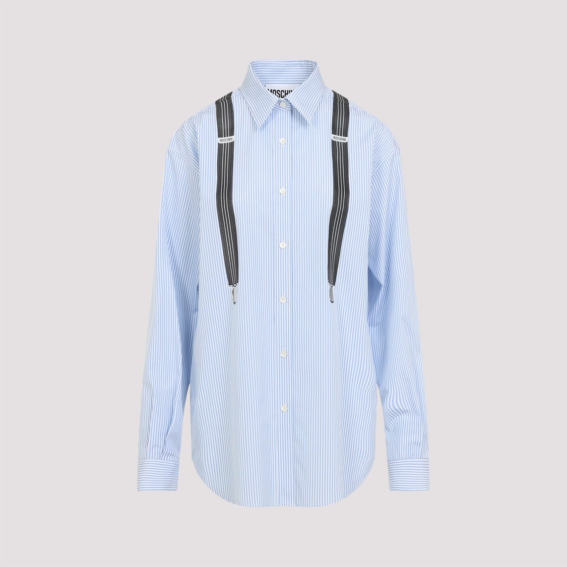 Moschino Couture Light Blue Cotton Striped Shirt With Decorative Straps In Blue