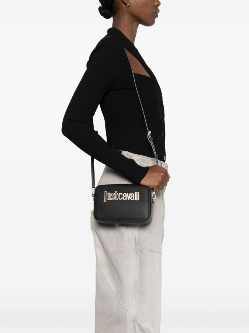 Just Cavalli Sleek Black Shoulder Bag With Signature Logo And Practical Zipper Closure In Black