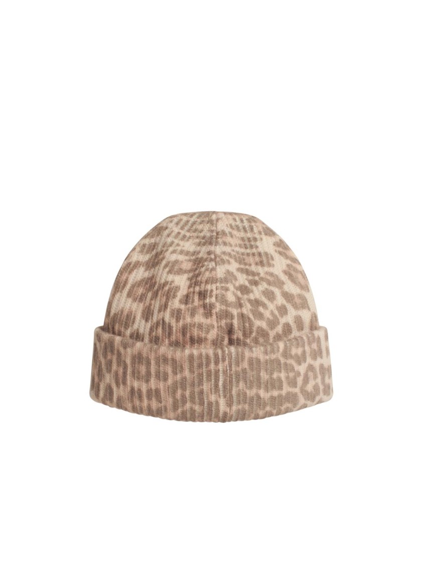 Ganni 'leo' Multicolored Wool Blend Beanie In Brown
