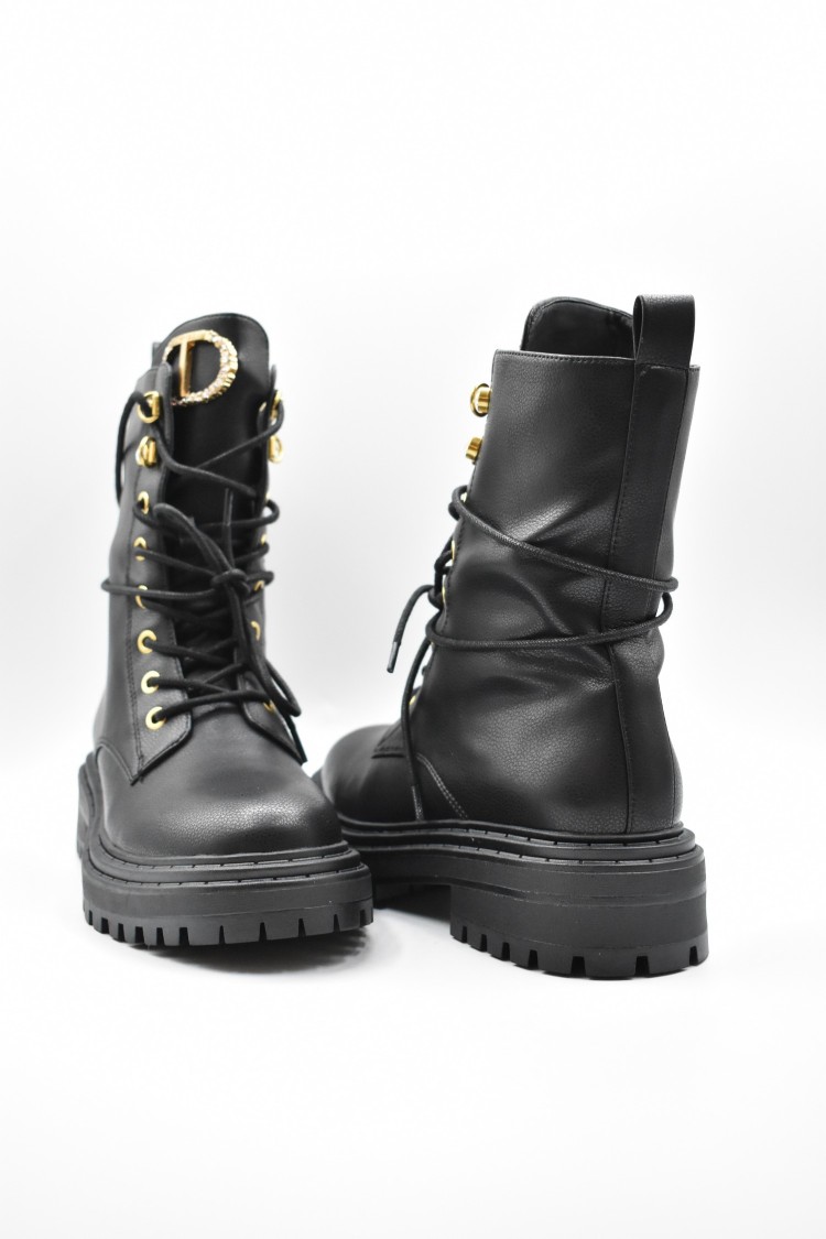 Shop Twinset Twin-set Laced Black Leather Boots With Gold Eyelets