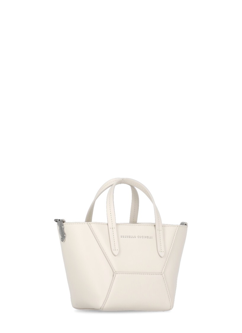 BRUNELLO CUCINELLI BRUNELLO CUCINELLI IVORY LEATHER HANDBAG WITH CONTRASTING LOGO 
