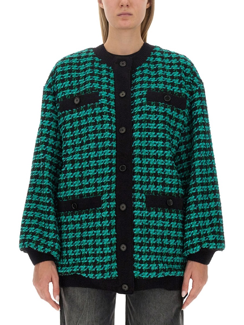 Msgm Houndstooth-pattern Tweed Cardi-coat In Green