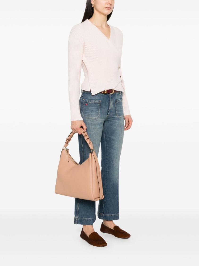 Shop Coccinelle Medium Beige Leather Handbag With Woven Handle