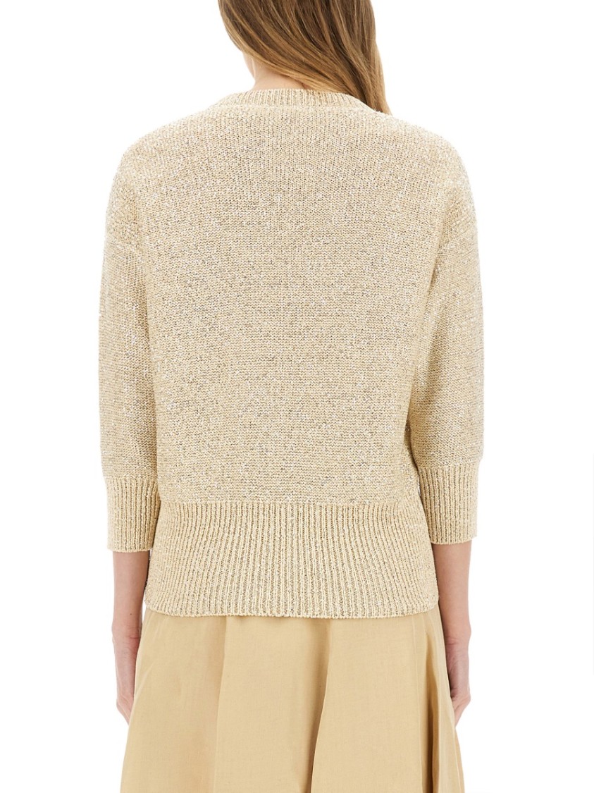 Fabiana Filippi Three-quarter Sleeve Cotton Jersey Top With Ribbed Hem In Neutrals