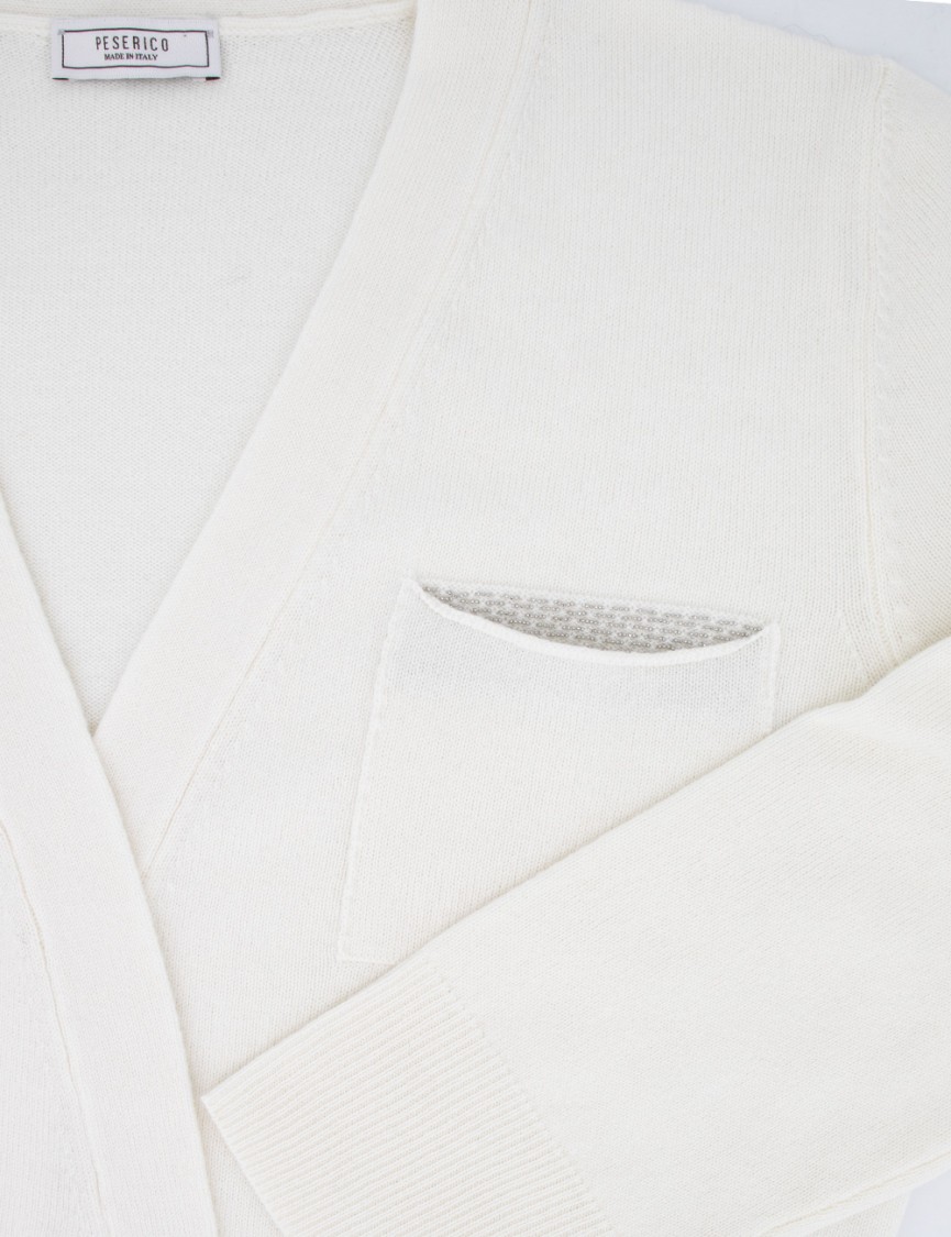 Peserico Natural White Wool Cardigan With Plunging Neckline In Neutrals
