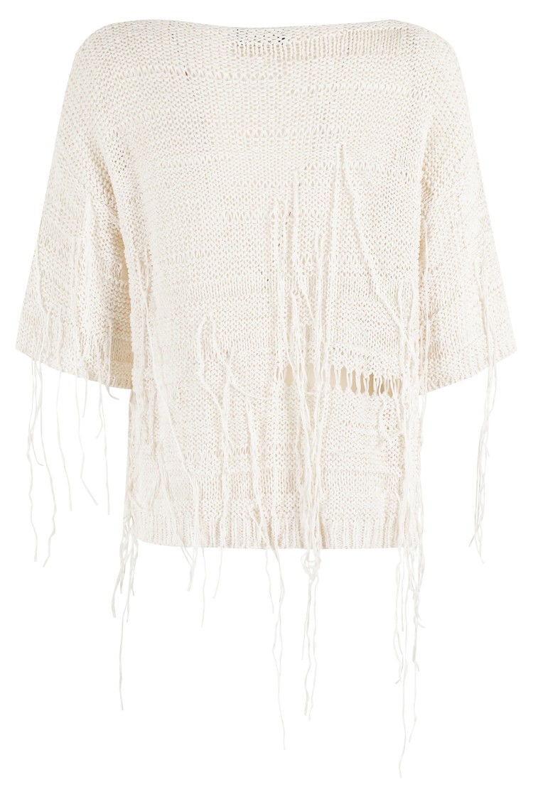 Roberto Collina Cropped Ecru Knit Top With Fringed Detailing