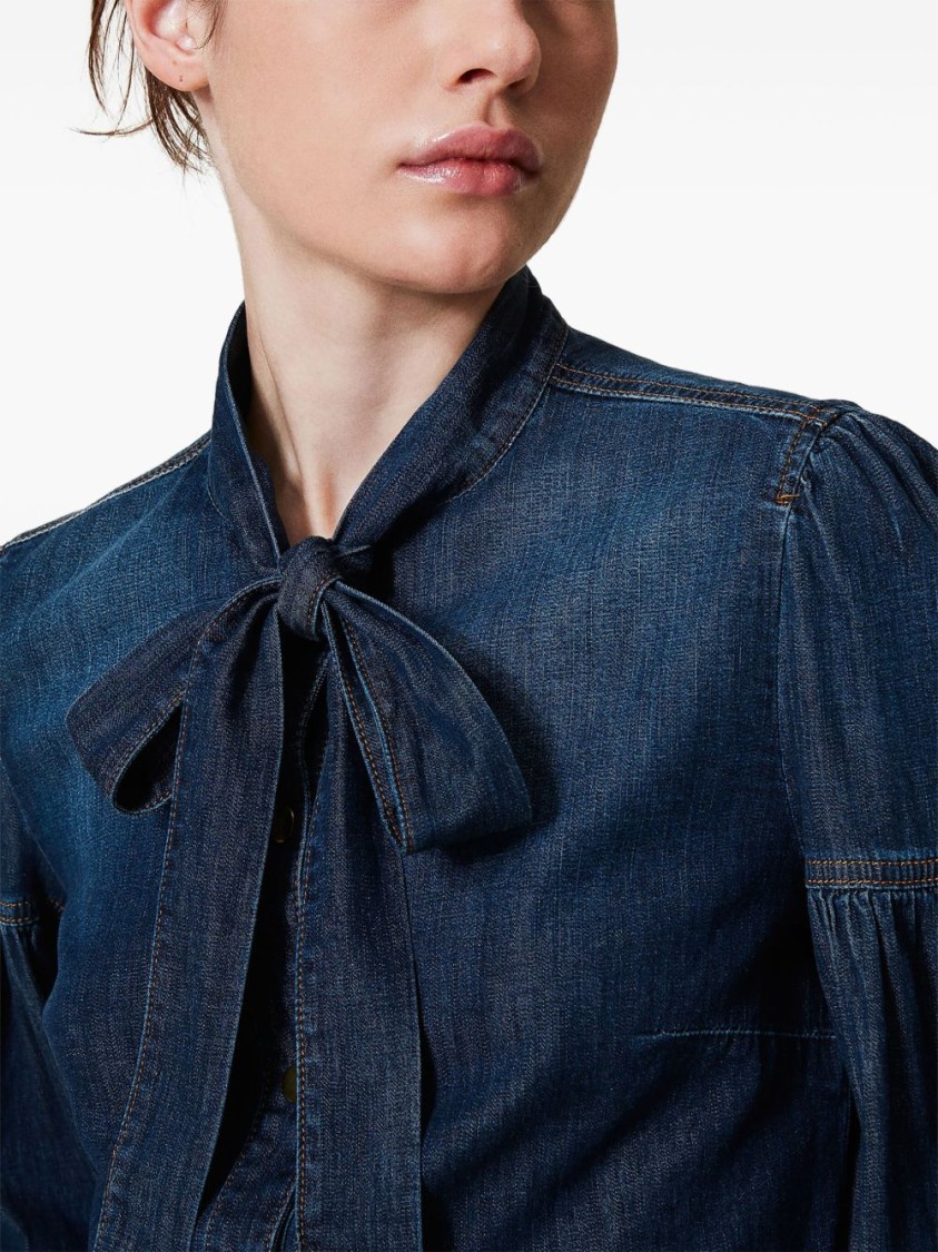 Shop Twinset Twin-set Denim Shirt With Bow Tie Detail In Blue