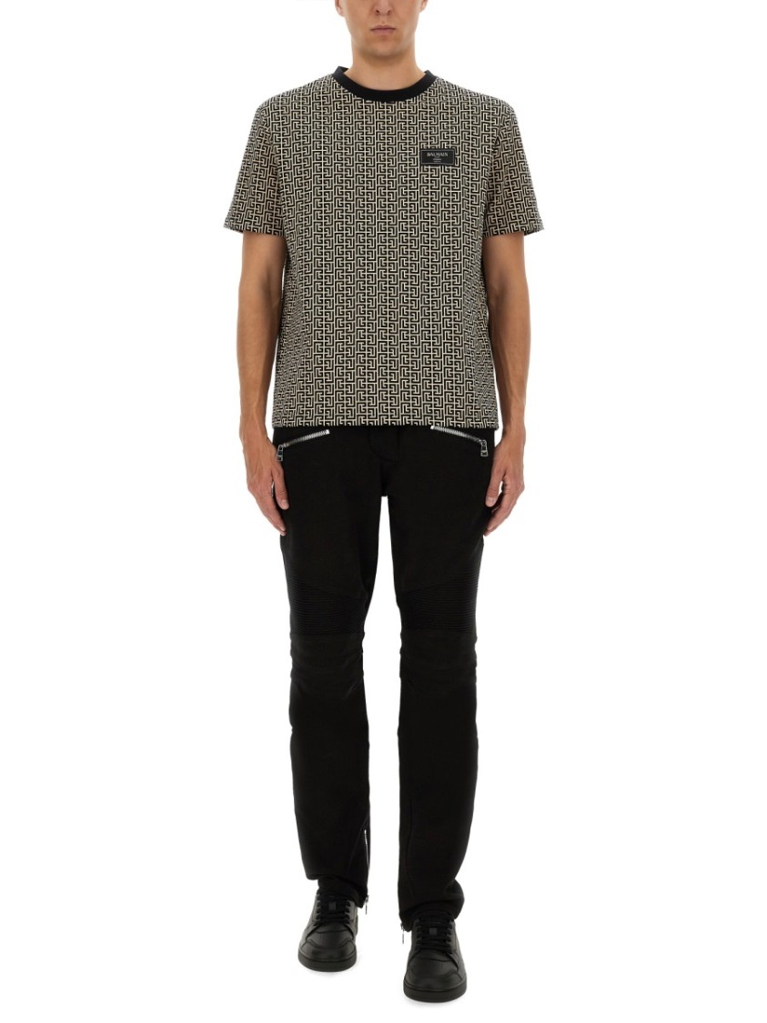 Balmain Grey T-shirt With Logo Applied On The Chest And All-over Labyrinth Motif In Cotton Man