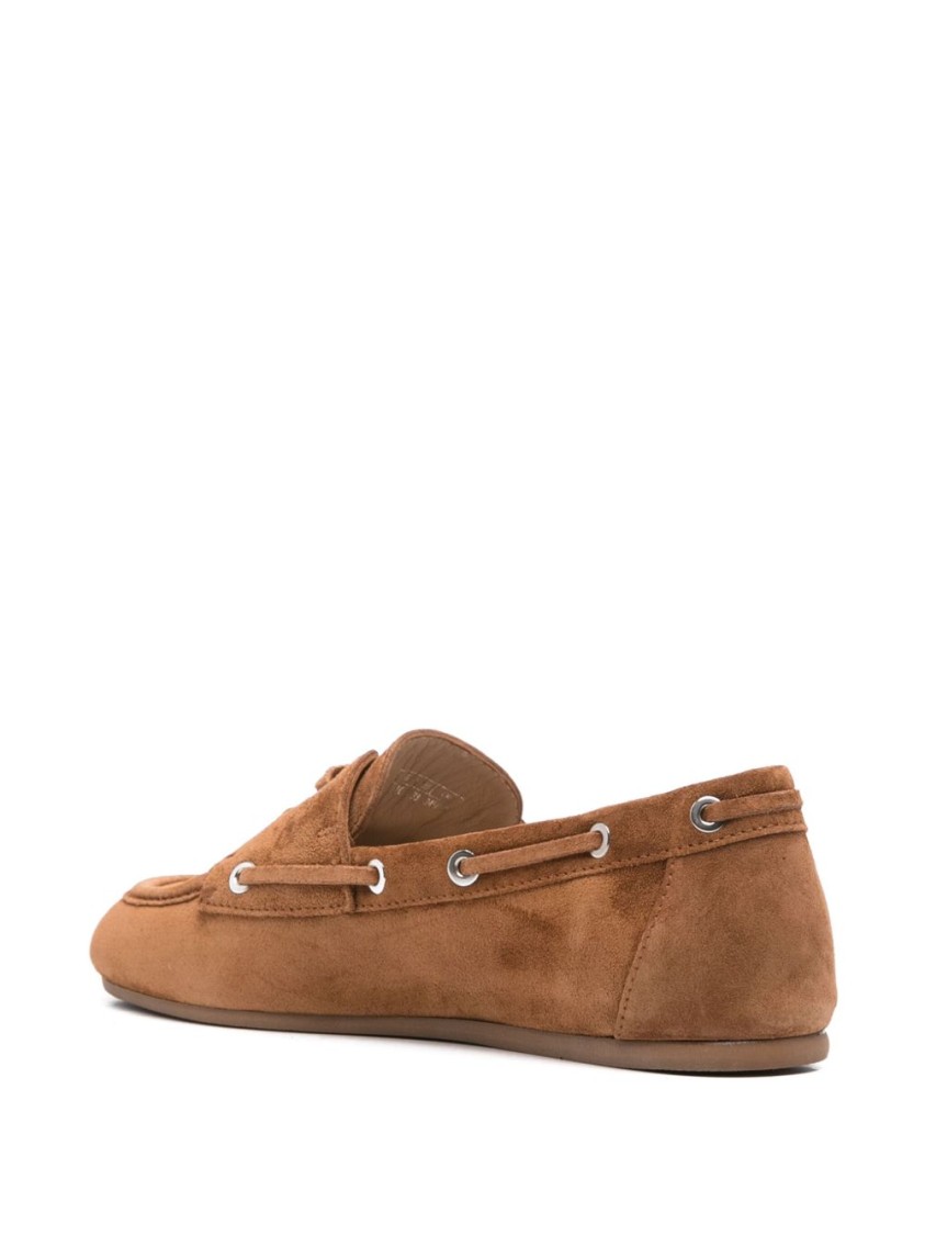 Stuart Weitzman Suede Flat Loafers With Decorative Lacing In Brown