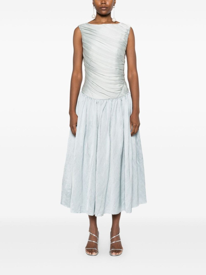 Abadia Ora Pleated Gathered Chiffon And Dupioni Midi Dress In Neutral