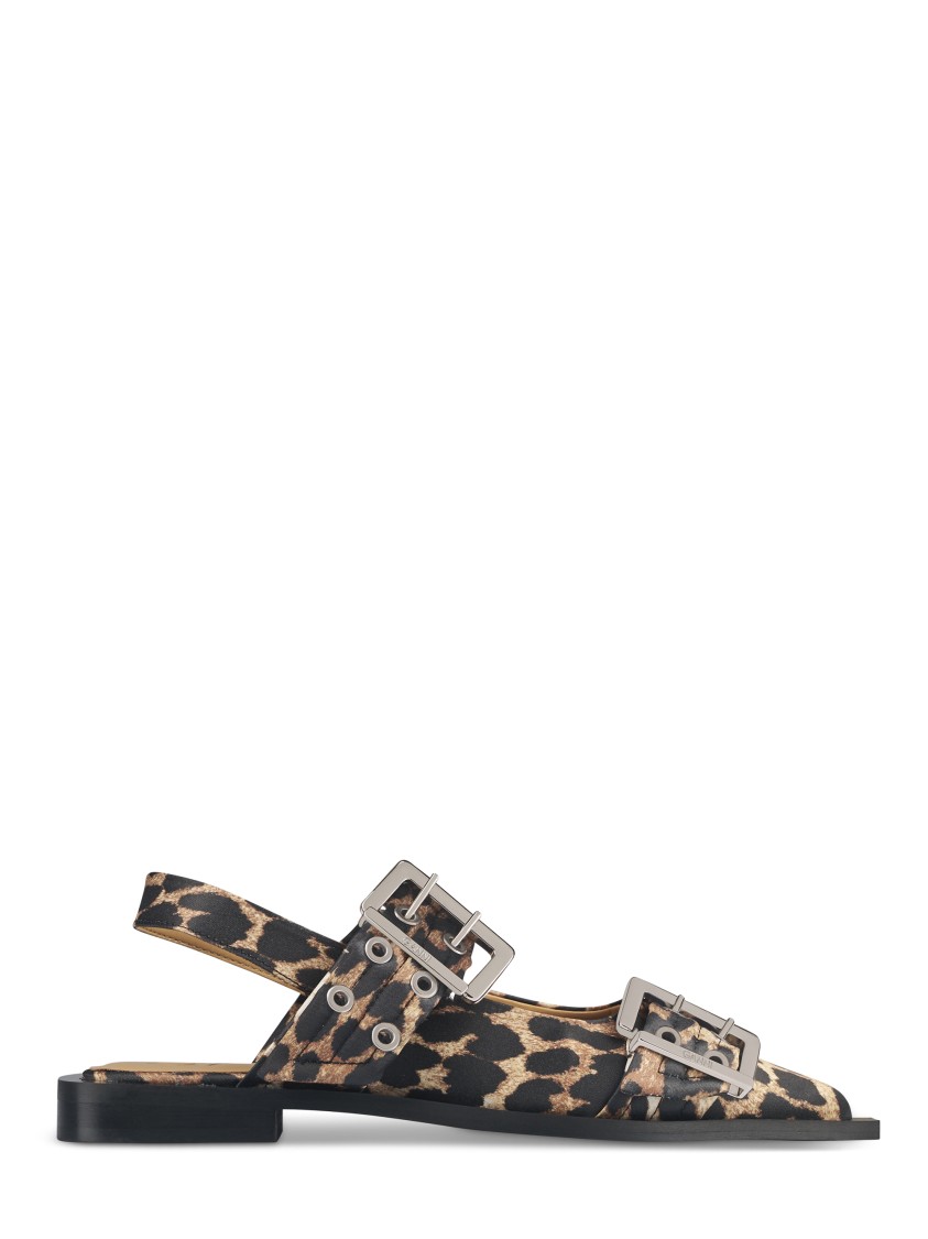 Ganni Leopard Satin Feminine Buckle Ballerinas In Multi