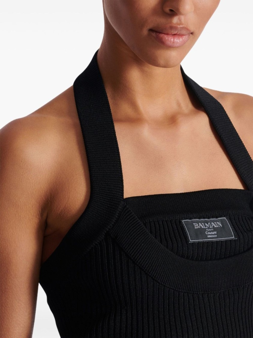 Shop Balmain Black Ribbed Texture Halter Top