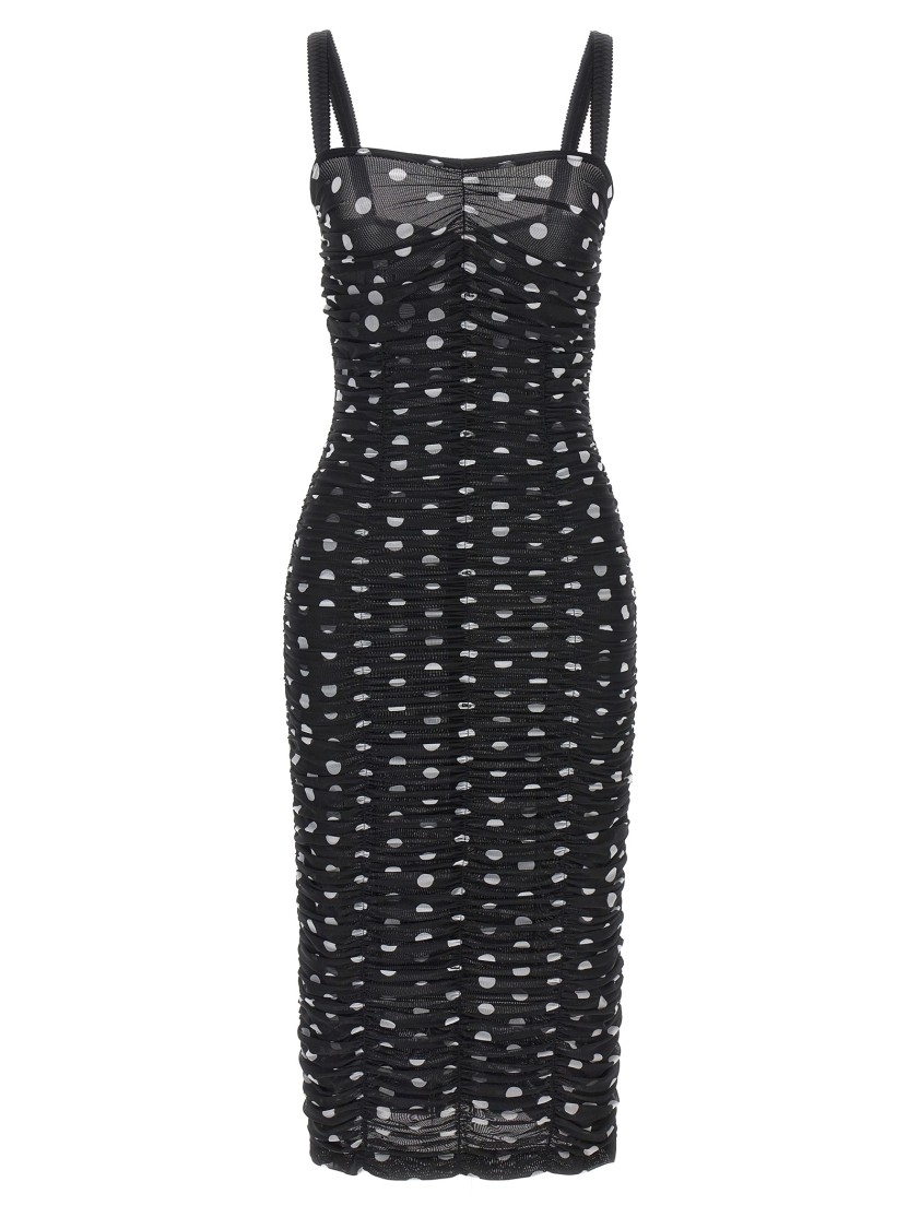 Dolce & Gabbana Dolce&gabbana Polka Dot Ruched Tulle Midi Dress In Black
