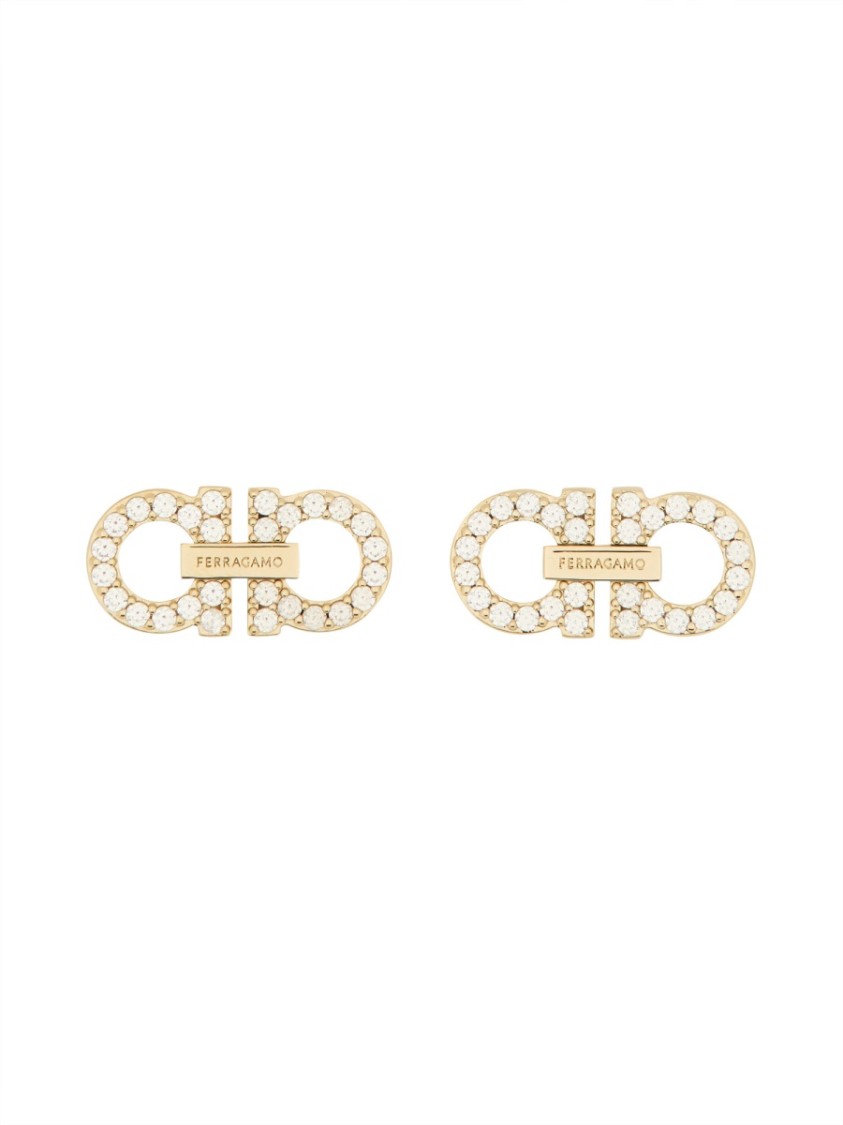 Ferragamo Double Hook Earrings With Crystal Accents In Gold