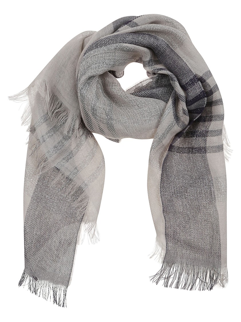 Peserico Check Patterned Linen Scarf With Fringed Edges In Gray