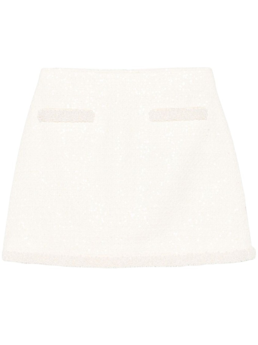 Self-portrait Mini Yellow Skirt With Flounce And Jewel Buttons In Tweed Woman In White