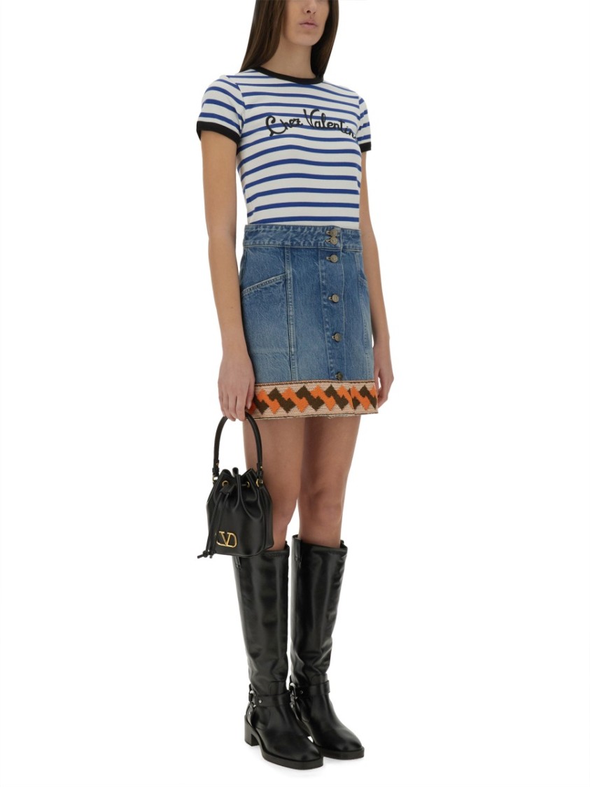 Valentino Womens Striped Embroidered Cotton-jersey T-shirt Avorio Blu