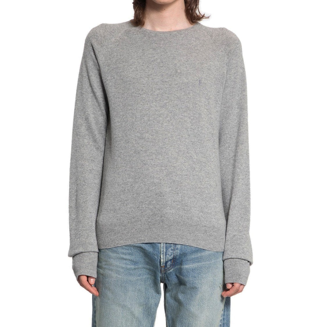 Saint Laurent Grey Crewneck Sweater With Cassandre In Cashmere Man
