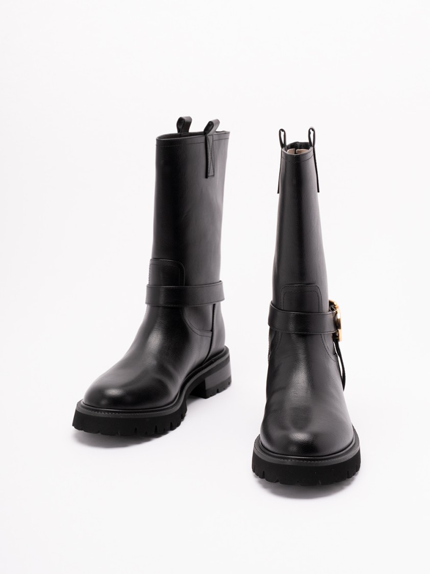 Twinset Twin-set Mid-calf Black Leather Boots With Buckle Fastening In Multi