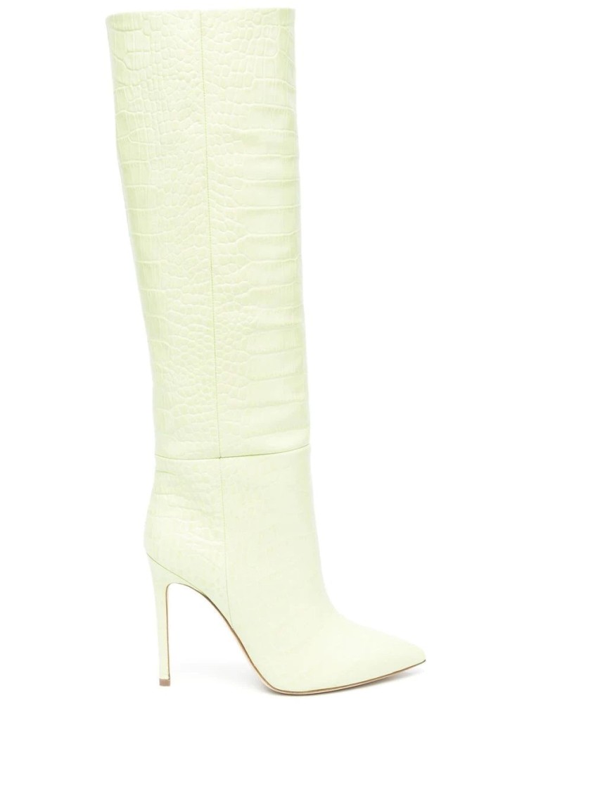 Paris Texas Textured Green Stiletto Long Boots In Yellow