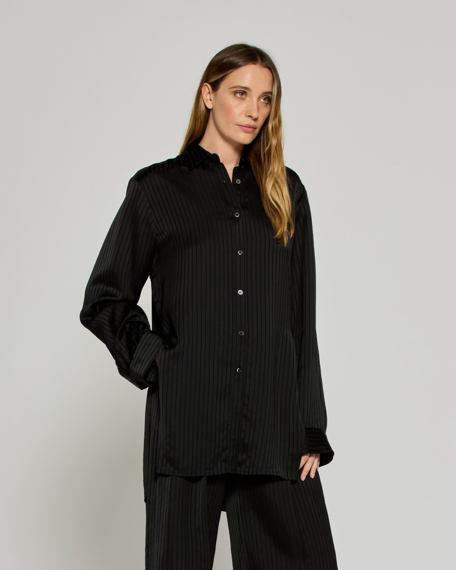 Serena Bute Wool Pinstripe Boyfriend Shirt - Black/pink In Black