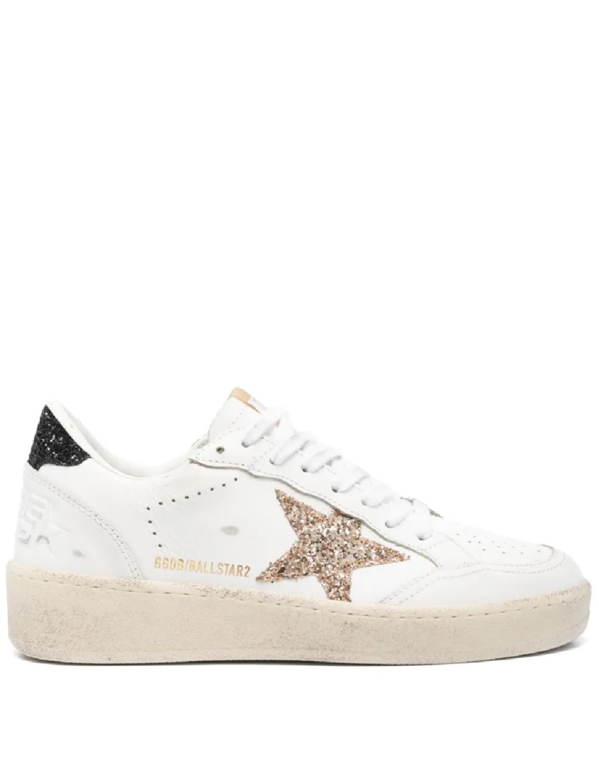 Golden Goose Ball Star 2 Sneakers With Gold Glitter Star And Black Glitter Heel Tab In White