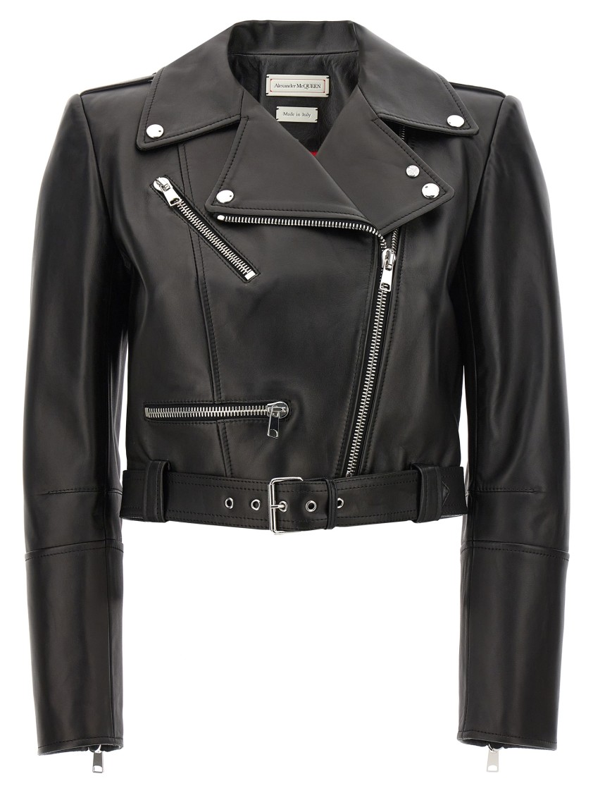Alexander Mcqueen Mcqueen Cropped Leather Jacket With Off-center Zip Closure In Black