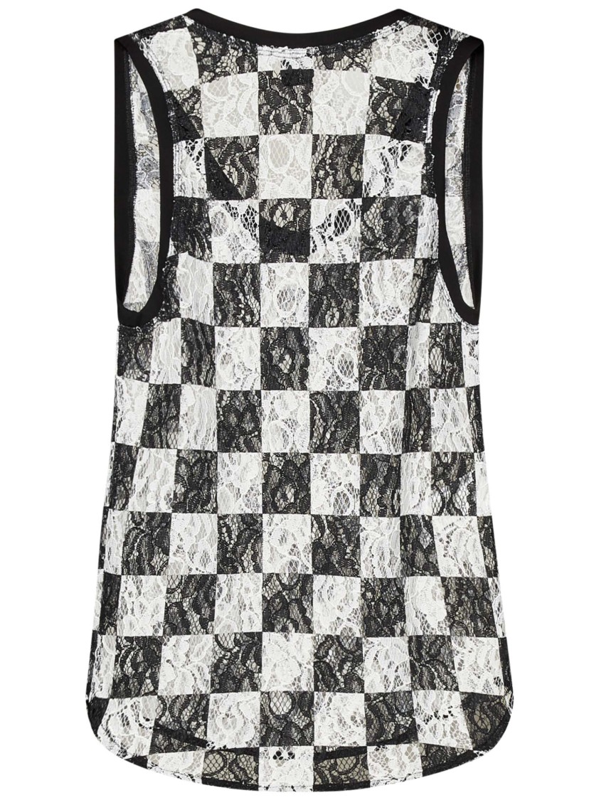 Shop Pinko Damier Floral Lace Tank Top With V-neckline In Grey
