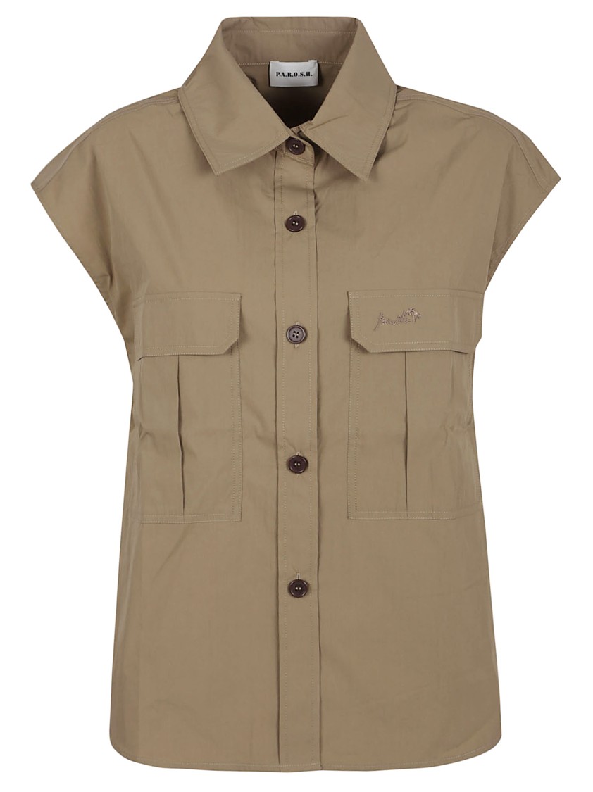 P.A.R.O.S.H PAROSH MOLE BROWN SLEEVELESS SHIRT