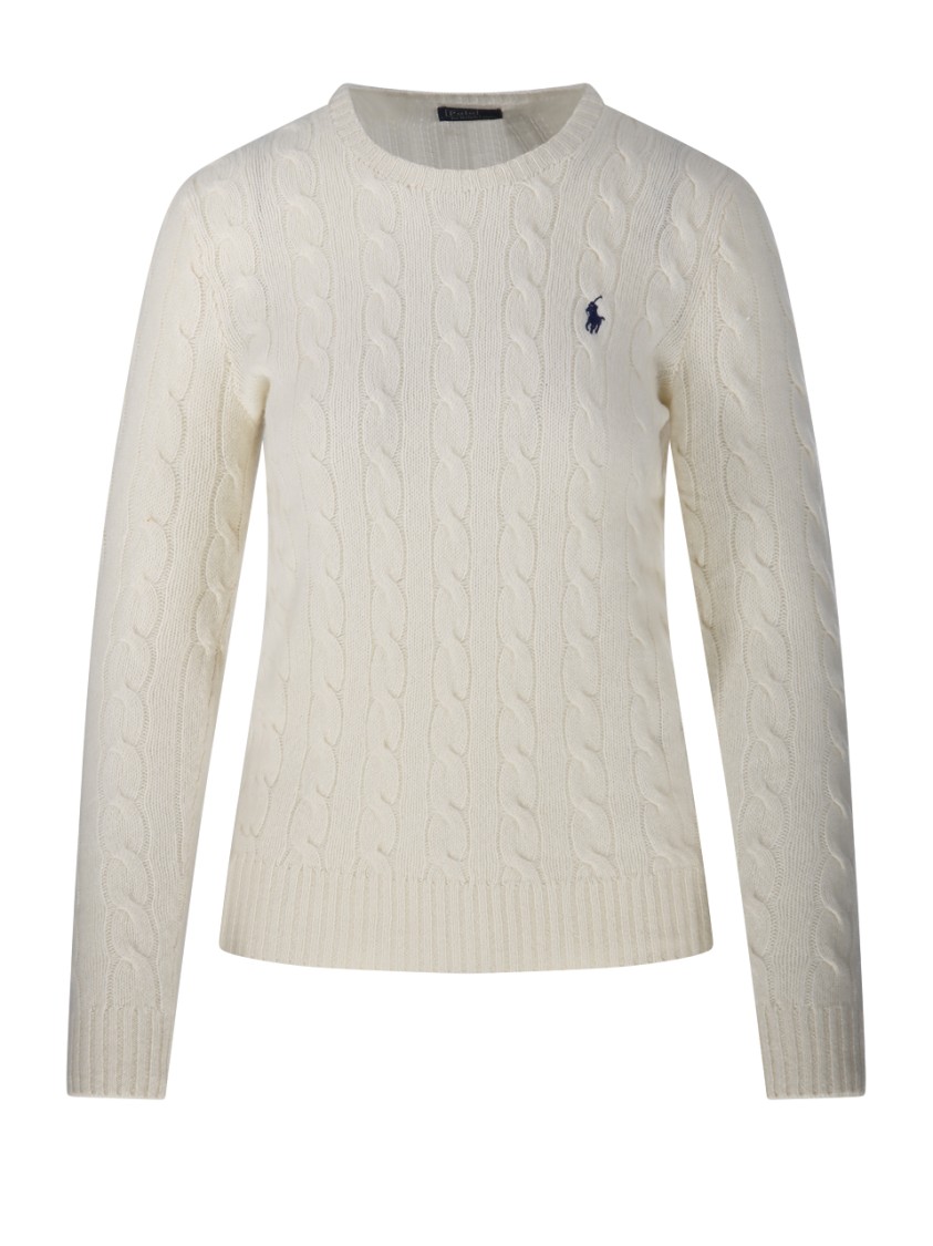 Polo Ralph Lauren Classic Cable Knit Sweater With Round Neckline And Ribbed Details In Neutral
