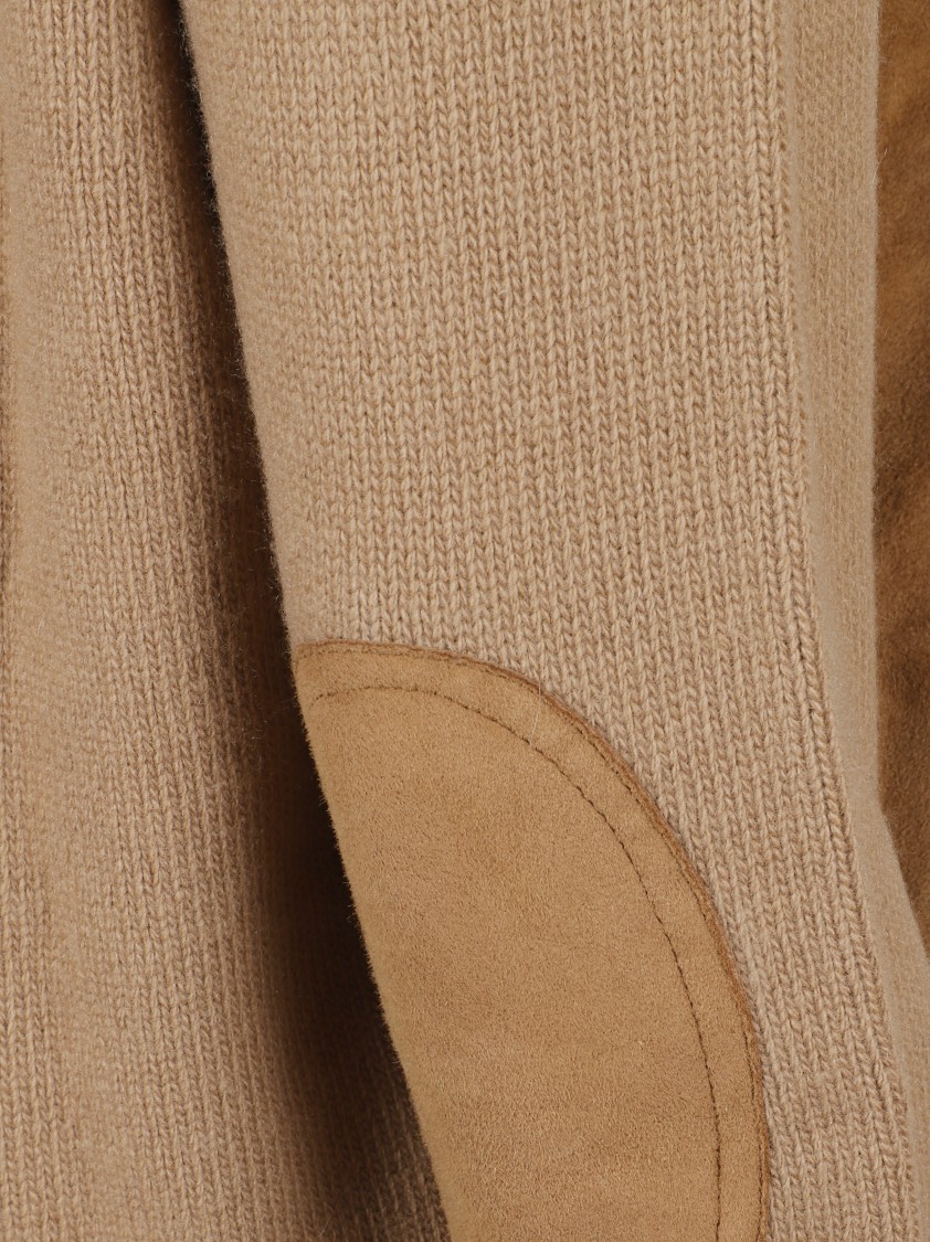 Prada Relaxed Fit Camel Sweater With Deep V-neck And Suede-like Accents In Brown