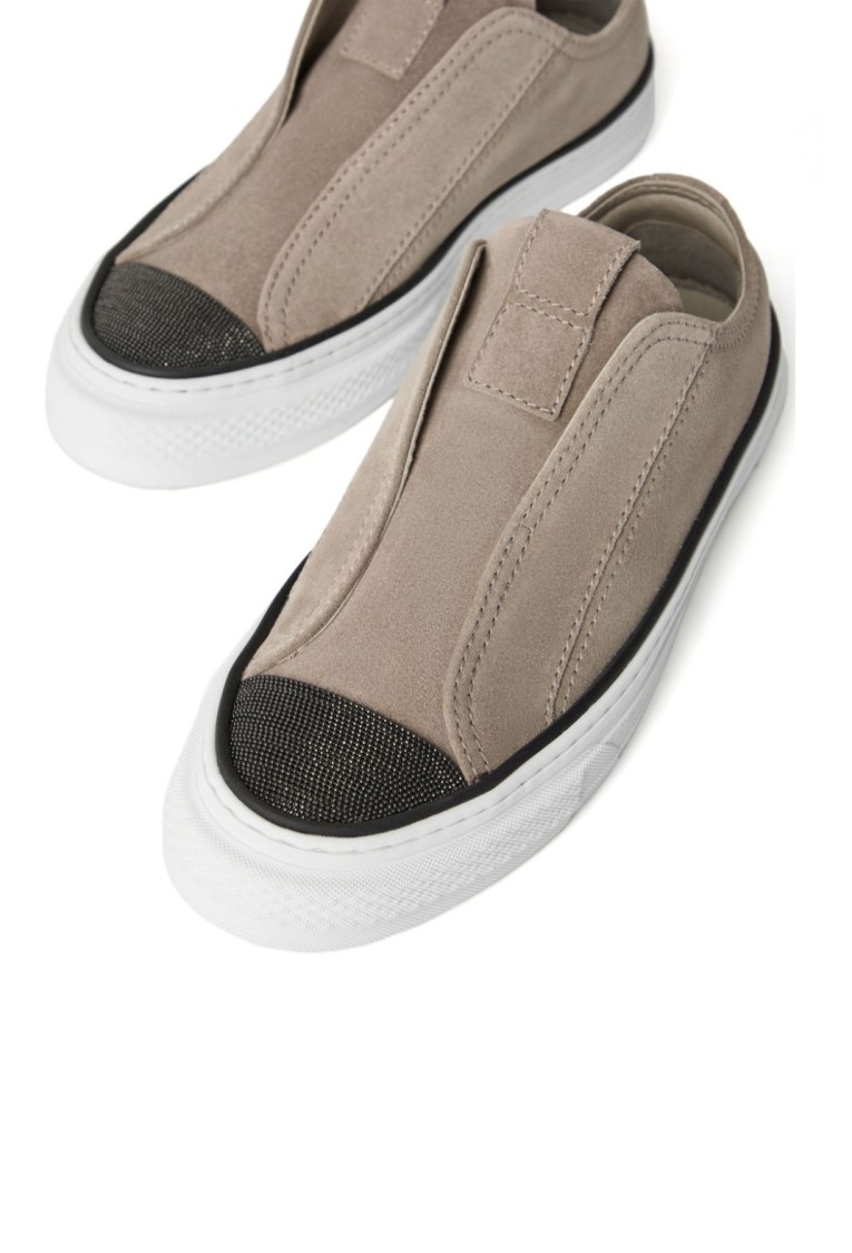 Brunello Cucinelli Dove Grey Suede Precious Toe Sneakers In Neutral