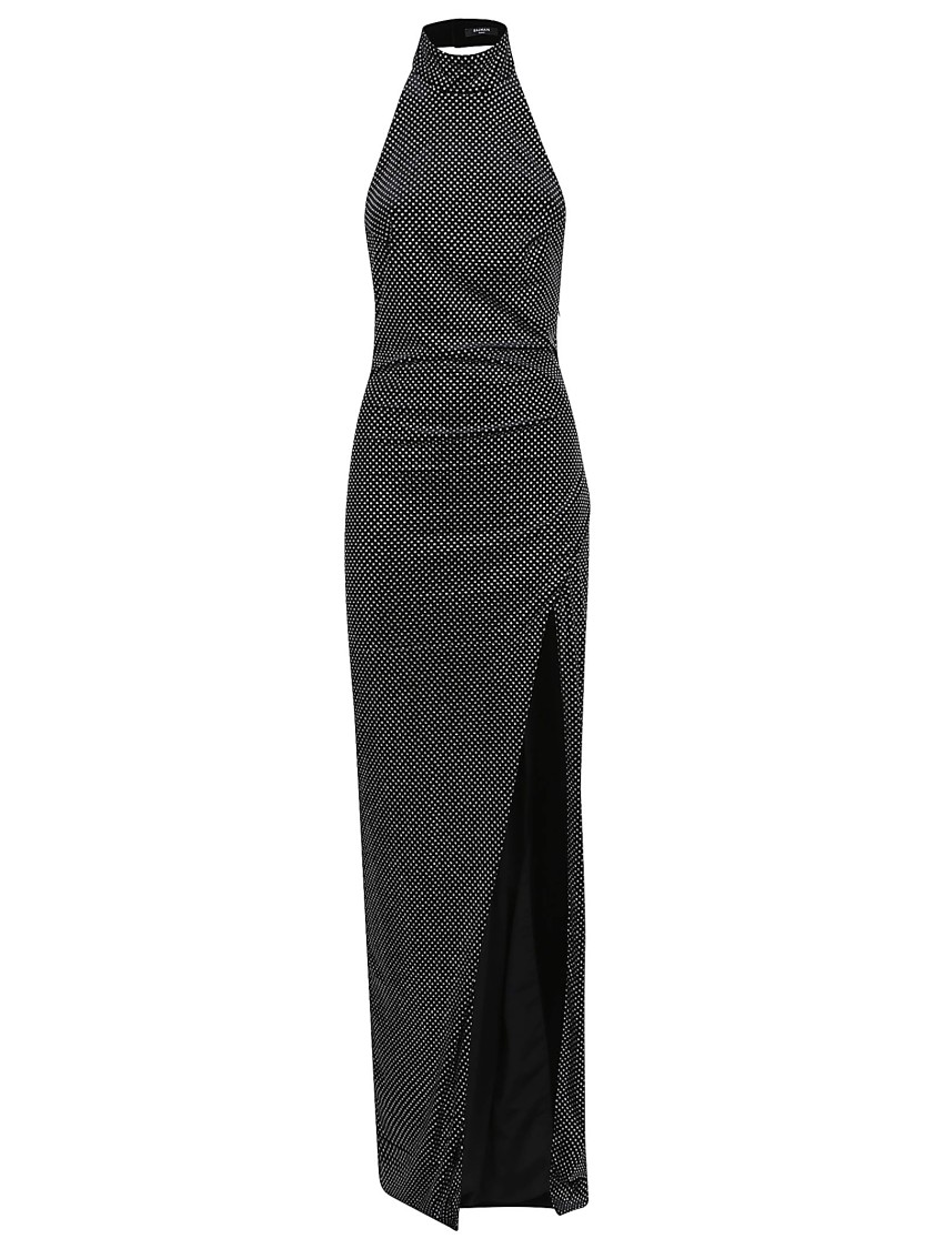 Balmain Velvet Rhinestone Halterneck Long Dress In Gray