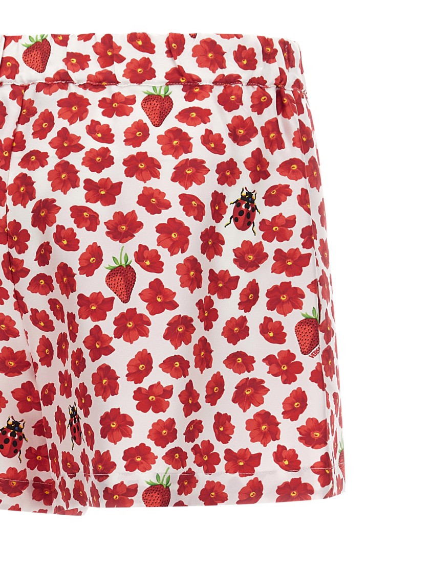 Versace 'floral Ladybug Strawberry' Elastic Waistband Shorts In Red