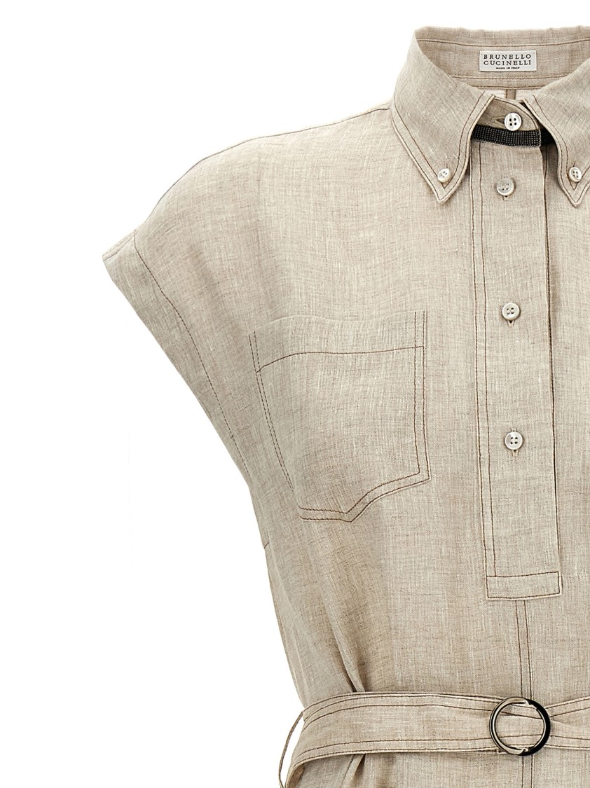 Brunello Cucinelli Sleeveless Linen Shirt-style Dress With Monile Detail