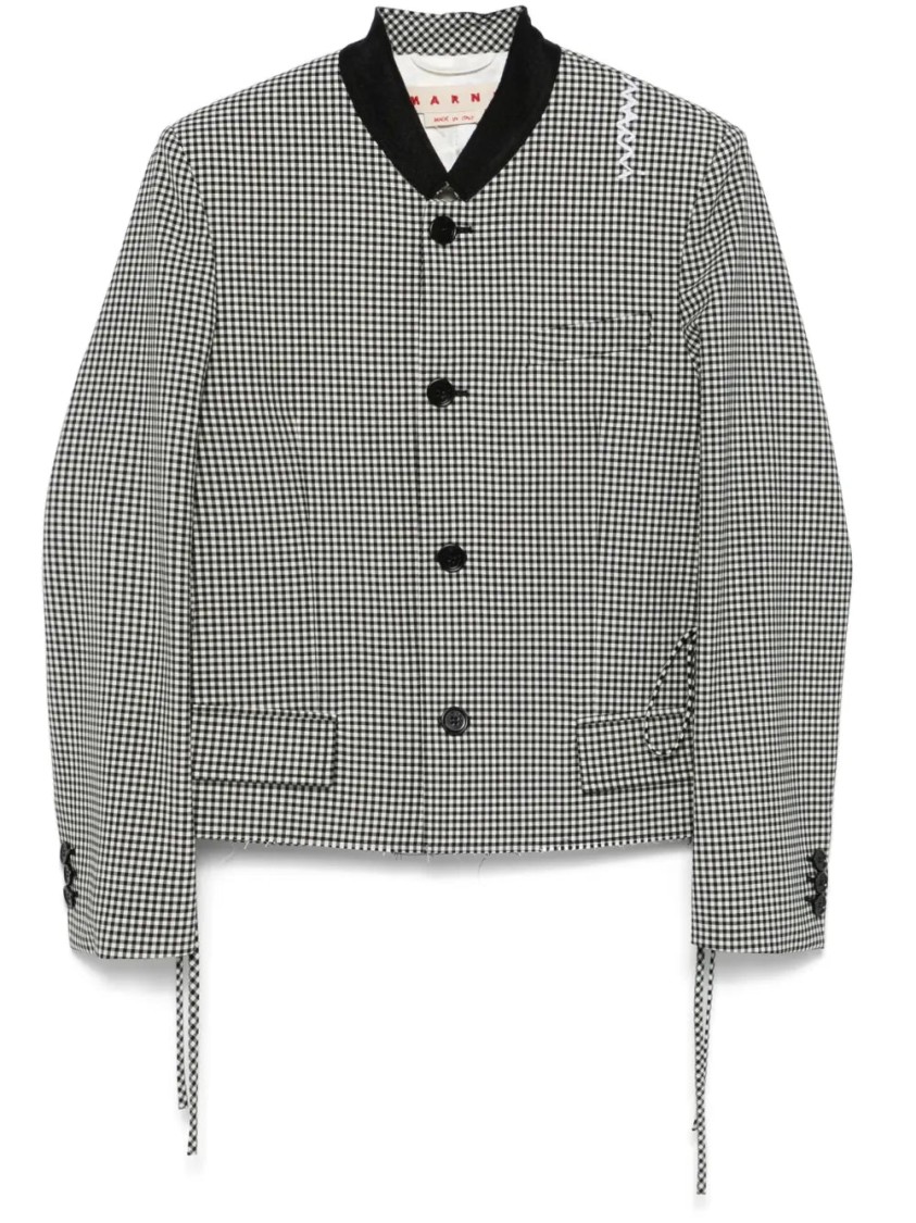 Marni Checked Straight Fit Cropped Wool Jacket In Black