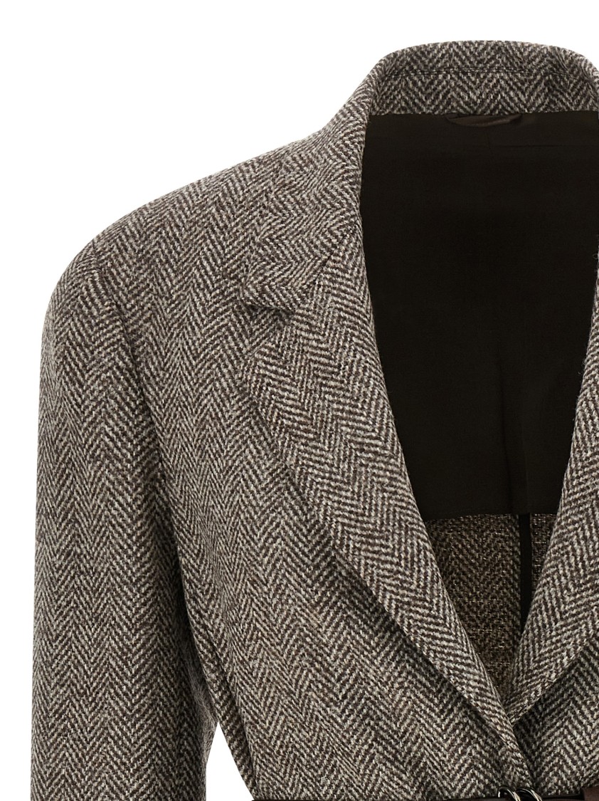 Brunello Cucinelli Tailored Houndstooth Blazer With Matching Waist Belt In Brown