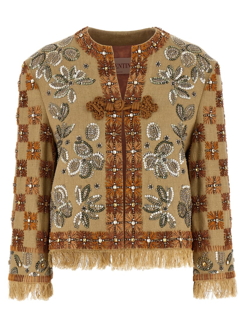 Valentino Garavani Linen Blazer With Intricate Ethnic Embroidery In Brown