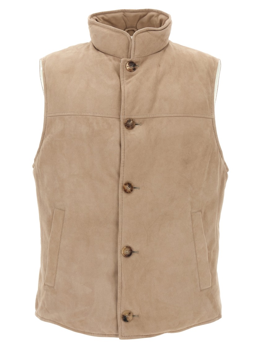 Brunello Cucinelli Suede Vest With Goose Down Padding In Brown