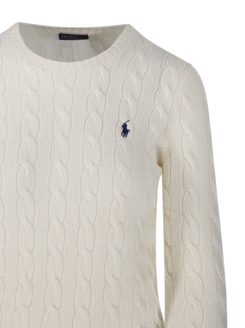 Polo Ralph Lauren Classic Cable Knit Sweater With Round Neckline And Ribbed Details In Neutral