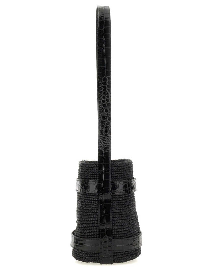 MANEBI MANEBI TEXTURED RAFFIA BUCKET BAG WITH GLOSSY ACCENTS