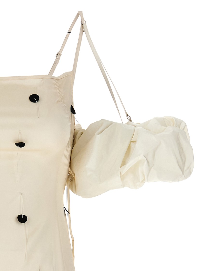 Jacquemus Beloved Off-shoulder Midi Dress With Button Embellishments In Neutral