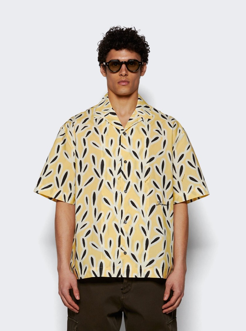 Jacquemus Yellow Cotton Jean Shirt With Playful Leaf Pattern In Yellow